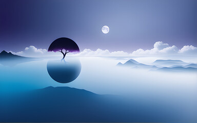 Abstract background with a tree on water in full moon night