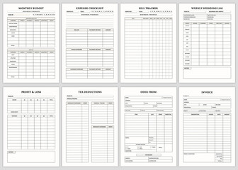 Obraz premium Minimalist planner pages templates.. Monthly Budget, Expense Checklist, Bill Tracker, Weekly Spending Log, Profit & Loss, Tex Deductions, Oder From, InVoice,
