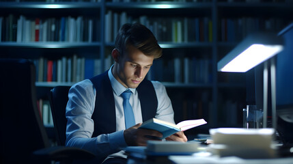 Young executive businessman resting and reading book sitting at desk in business suit inside home office