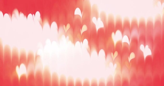 Chaotic glowing bright hearts on red background, moving animation