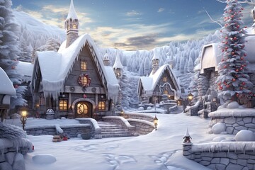 Immerse in enchanting winter wonderland. Fairytale village, snow-covered houses, festive adornments. Concept of magical snowy holiday village scene. - obrazy, fototapety, plakaty