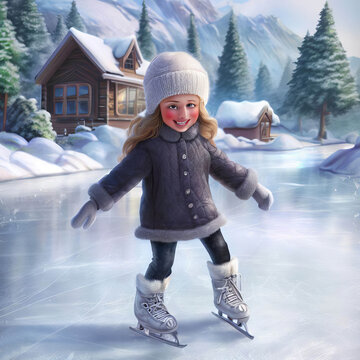 Watercolor illustration of a young girl ice skating