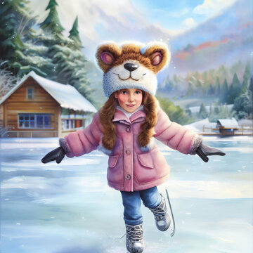 Watercolor illustration of a young girl ice skating