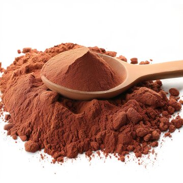 Cocoa powder with wooden spoon isolated on white background