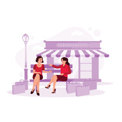 A group of women wearing high heels next to shopping bags. Girls are sitting on stairs and chatting after buying something. Trend Modern vector flat illustration.