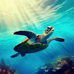 Obraz na płótnie Canvas Swimming with sea turtles in tropical reef