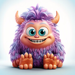 Cute furry cartoon monster in 3D style isolated on plain background
