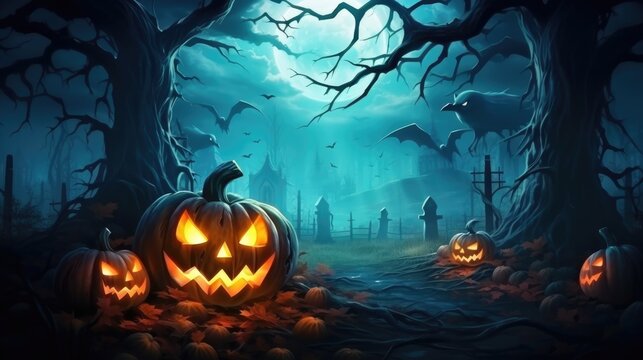Halloween celebration background with pumpkin monster, light, and other decorations.	