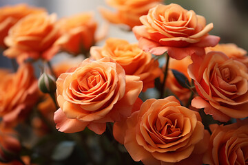 mehrere orangene Rosen in Bl&uuml;tezeit. Querformat. Generative Ai.