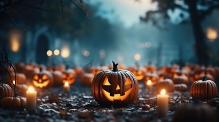 Halloween background with pumpkins and cemetery light and bokeh at night. - obrazy, fototapety, plakaty
