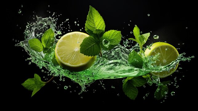 Lime fruit slice, leaves and green juice splash. Flying mint foliage on a black background