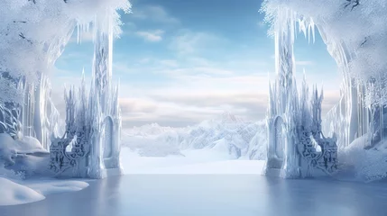 Foto op Plexiglas Magical portal on winter landscape, fairy tale background with ice crystal door, mirror or gate with fantasy castle, snowy landscape with glowing entrance on rock under cloudy gray sky © LELISAT