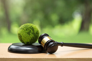 Green World and gavel with scales of justice on a green background. Environment Law. legal force or...