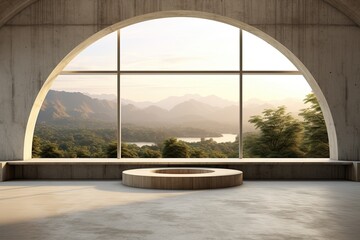 Natures artistry embraced by circular window in expansive concrete room.