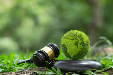 Green World and gavel with scales of justice on a green background. Environment Law. legal force or...