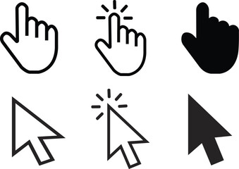 Computer mouse click cursor gray arrow icons set and loading icons. Cursor icon .Hand clicking icon collection. Pointer click icon. Mouse click cursor collection isolated on white background.