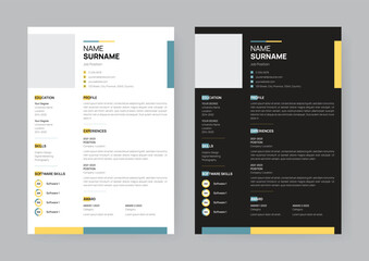 Creative resume or CV templates, teal green and yellow color, vector templates