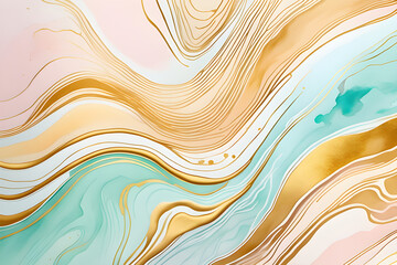 watercolor paint.illustration. soft pastel color and golden lines with liquid. Generative AI.