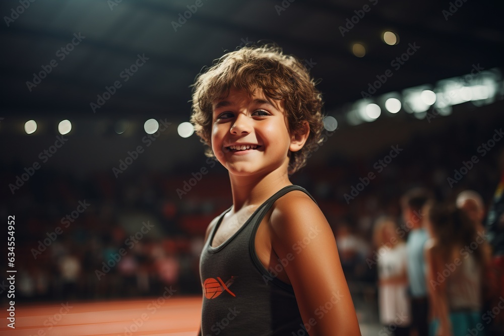 Wall mural portrait of smiling little boy in sportswear looking at camera