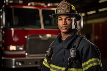 Fototapeta premium confident firefighter, standing tall in front of a fire truck. Wearing full uniform, helmet, and a determined look in his eyes