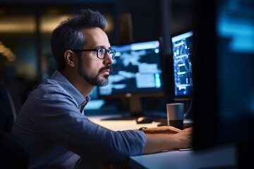 Fototapeta premium focused software engineer in a modern tech office, surrounded by multiple computer screens