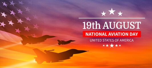 Group of aircraft fighter jet airplane. USA flag. National aviation day. 3d illustration