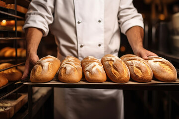 Hands of a professional chef with a tray of freshly baked bread