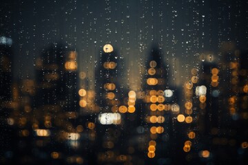 City view through a window on a rainy night with rain drops and bokeh light. Generative AI image