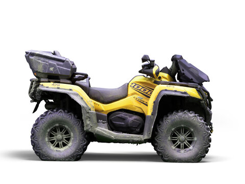 Four quad yellow bike right side view 3d render on white