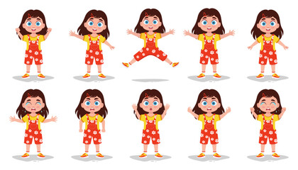 Cute girl emotions set. Vector illustration
