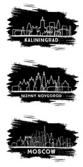 Moscow, Nizhny Novgorod and Kaliningrad Russia City Skyline Silhouette Set. Hand Drawn Sketch.