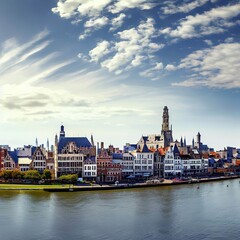 Fototapeta premium Panorama of Antwerp across Scheldt River