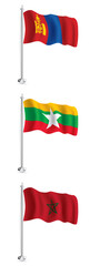 Myanmar, Moroccan and Mongolian Flags Set.