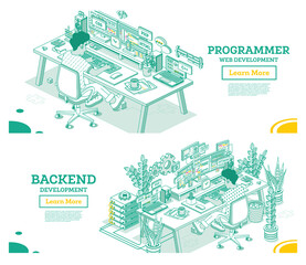 Programmer. Frontend or Backend Developer Sit on Chair with Wheels in Front of Two Monitors with Code.