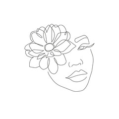 Woman Head with Flowers One Line Drawing. Continuous Line Woman and Flowers. Abstract Contemporary Design Template for Covers, t-Shirt Print, Postcard, Banner etc. Vector EPS 10. 