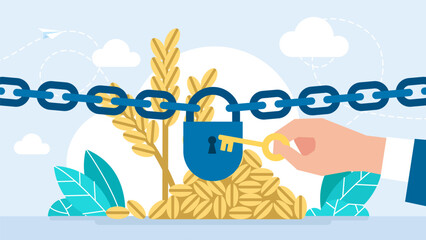 Access to grain is closed. Seizure of the wheat harvest. A pile of grain and an ear of corn behind a chain with a closed lock. Open access. Problem of food for poor countries. Vector illustration