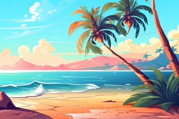 Fototapeta na wymiar Summer landscape background with palm tree and sea.Colorful summer template. Concept of recreation