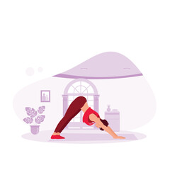 young woman practicing yoga in the house. Meditate and stretch on the mat. Trend Modern vector flat illustration.