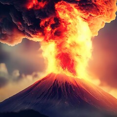 Erupting volcano spews flame and smoke outdoors