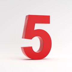 Red number five 5 on white background. 3D render.