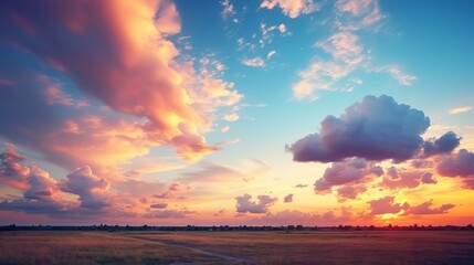 Summer landscape of colorful cloudy sky at sunset.Colorful summer template. Concept of recreation