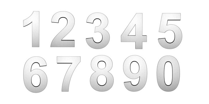 Set of gray brushed metal numbers isolated on white background.
