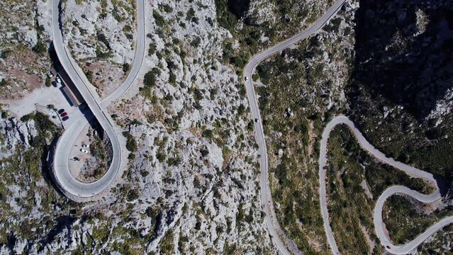 Top View Of The Winding Road Of Nus de sa Corbata At Coll dels Reis Mountain Pass In Mallorca Spain. 