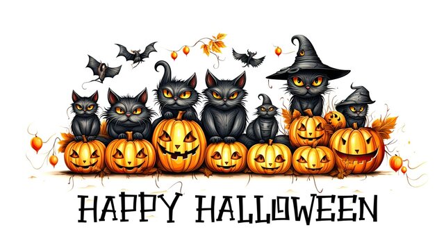 Halloween Banner, Witch's Cats, Pumpkins and Bats with copy space