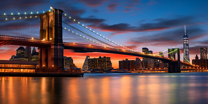 city bridge at dusk, Brooklyn Bridge in New York city