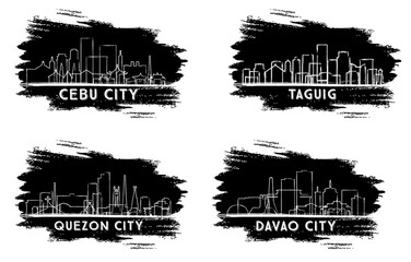 Quezon City, Taguig, Davao City and Cebu City Philippines Skyline Silhouette Set.