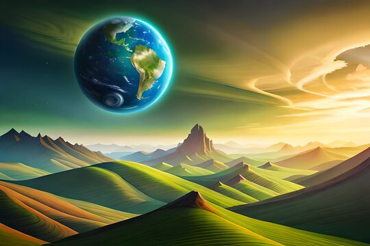  A captivating green landscape painted on a Planet Canvas, portraying a vibrant meadow that stretches as far as the eye can see