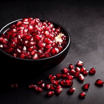 Pomegranate seeds in a black bowl on a black background