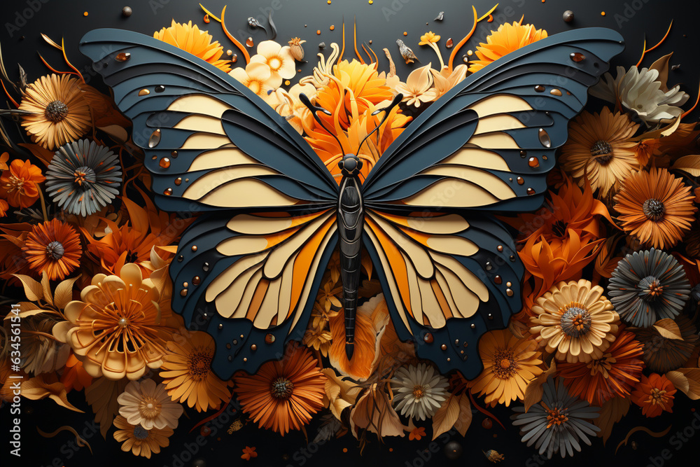 Fototapete A monarch butterfly resting on a flower, its wings displaying a symmetrical pattern of black lines and orange hues. Painted Generative AI technology.