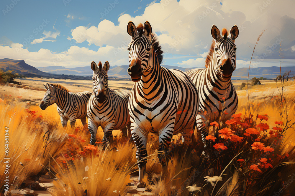 Aufkleber a group of zebras grazing in the grasslands, their stripes creating a mesmerizing optical effect. pa